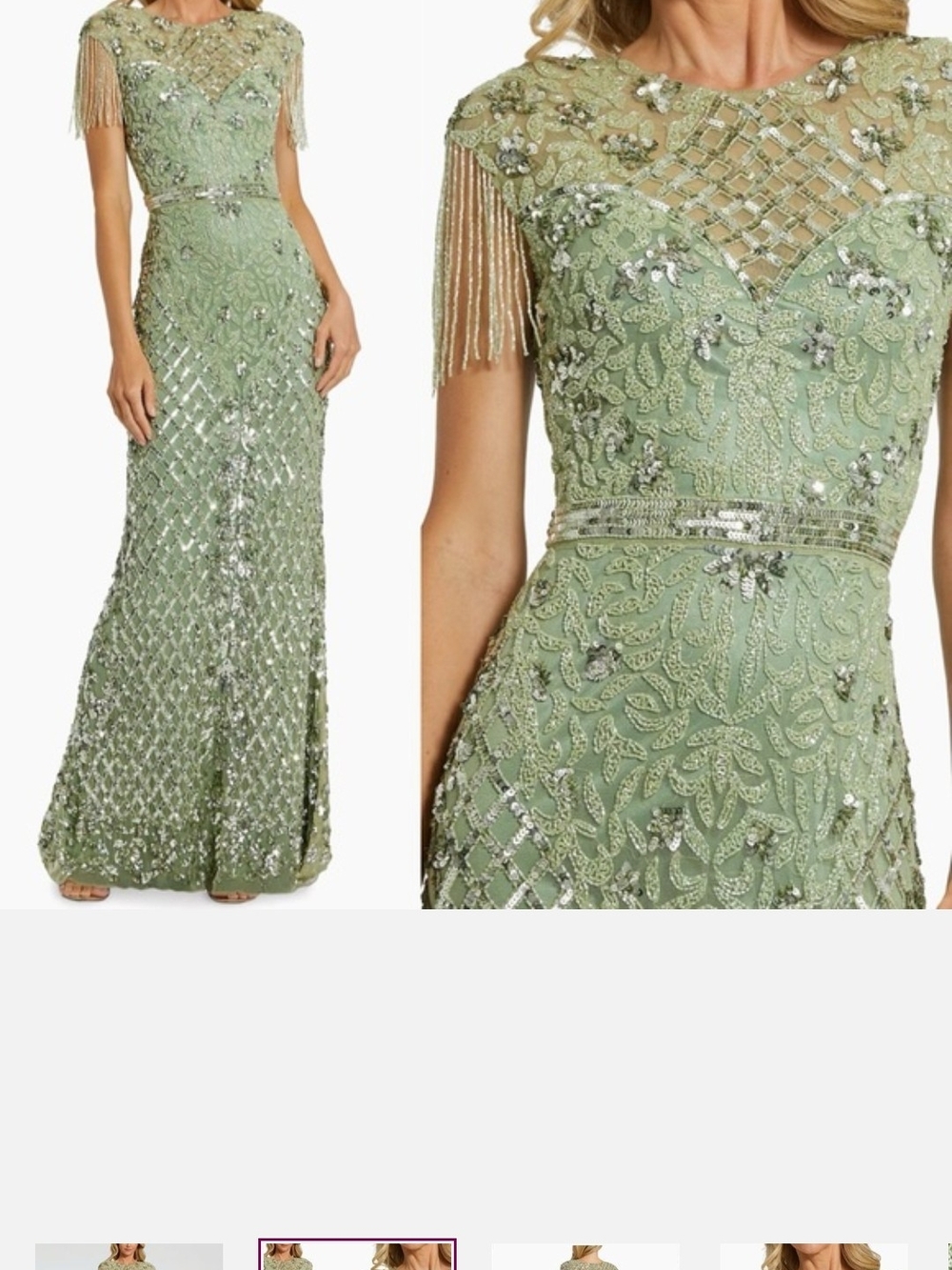 Mac Duggal Sage Green Beaded Fringe Maxi Gown